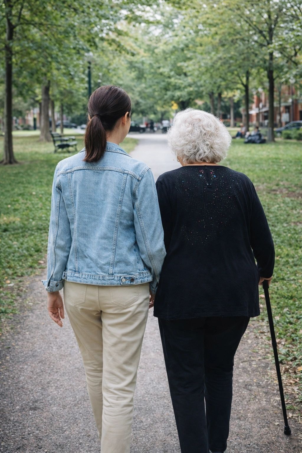 A younger woman walking alongside an elderly woman with a cane through a tree-lined park